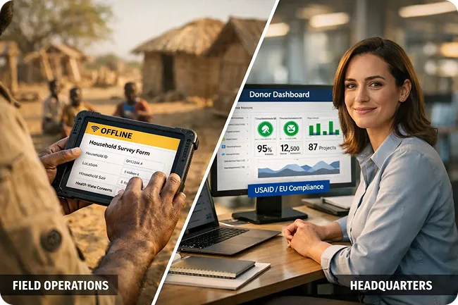 Split screen showing a field officer using an offline tablet in rural Africa versus a clean HQ donor dashboard in an office.