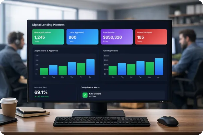 Dashboard view of a digital lending platform showing real-time loan origination stats and compliance status flags.