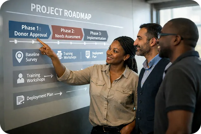 NGO Program Director reviewing a digital M&E roadmap and field data strategy on a tablet.