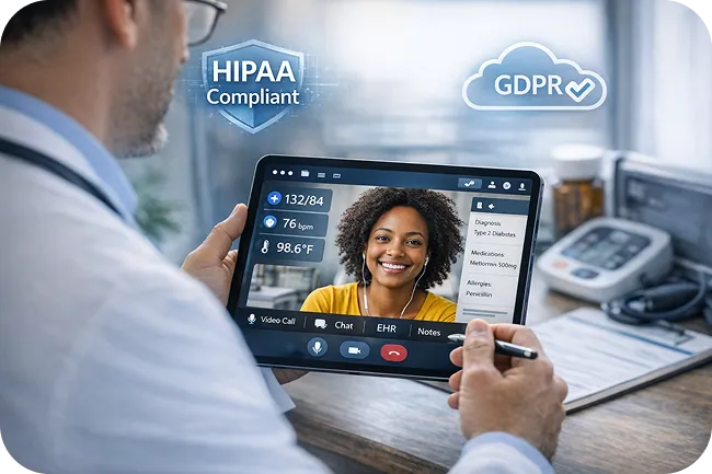 Doctor using a HIPAA-compliant telemedicine app on a tablet for remote patient consultation.