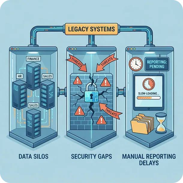 Illustration showing the risks of fragmented legacy systems: data silos, security gaps, and manual reporting delays.