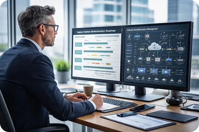 Physical technical blueprint document and tablet showing Figma prototypes for a FinTech MVP.
