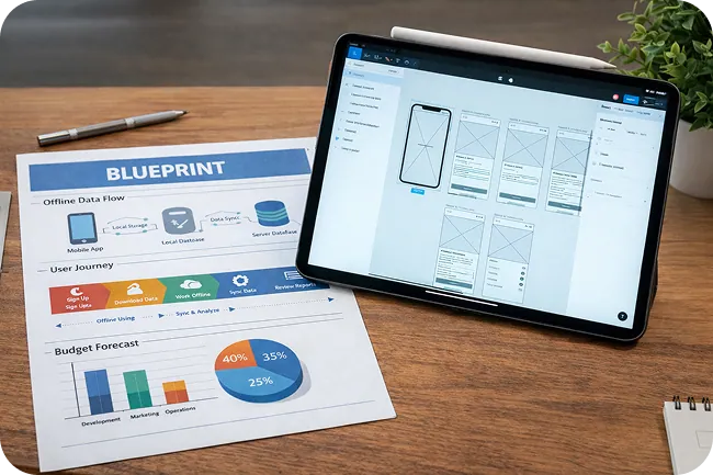 Physical technical blueprint document and tablet showing Figma prototypes for a FinTech MVP.
